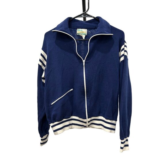 Vintage 80s Net Worth Blue Zip Up Jacket Striped Accents - Picture 1 of 8